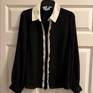 CeCe Black Blouse with White Ruffle Trim